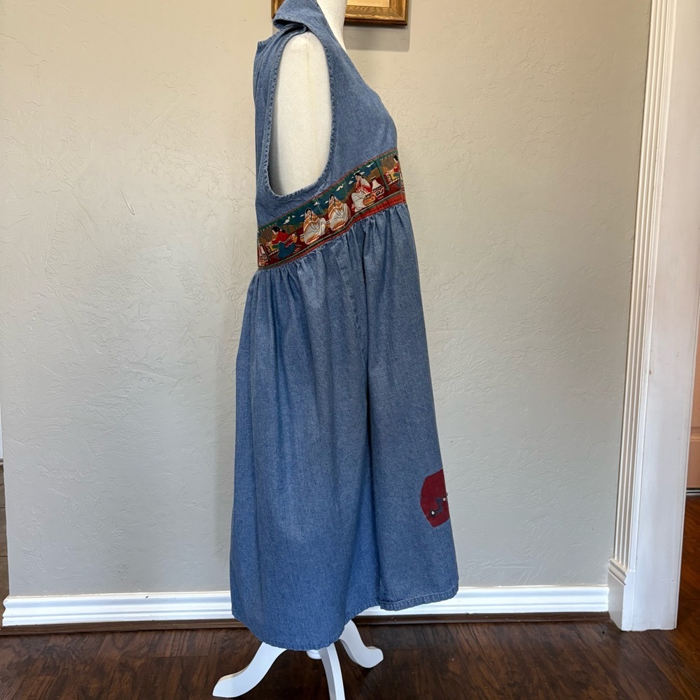 Vintage Handmade Denim Jumper Dress – Southwestern Folk Art Details – Size L - Picture 5 of 10